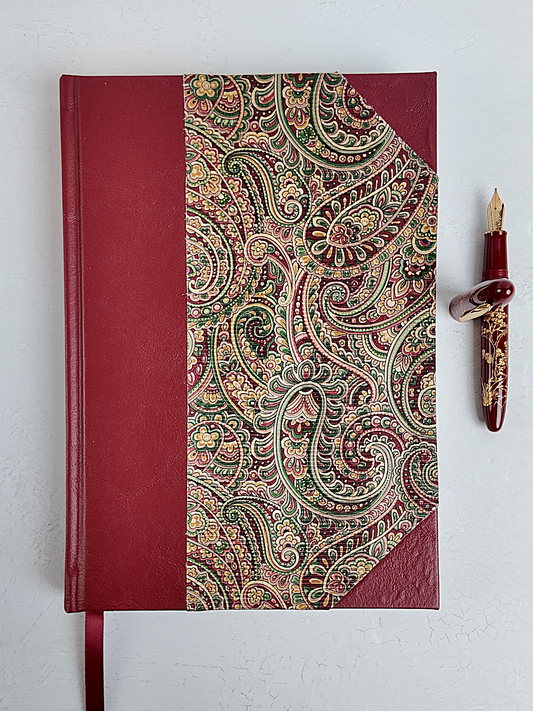 WABI-SABI B5 192-page Hardcover Journal finished in Maroon Faux Leather and Paisley Fabric