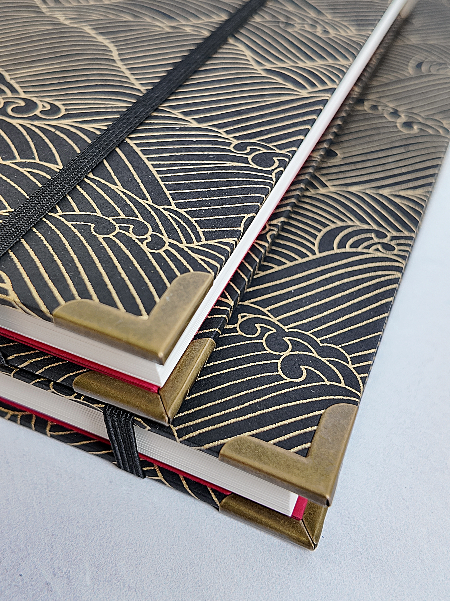 NEW B5 192-page Hardcover Journal finished in black faux leather with gold waves on black Chiyogami Paper