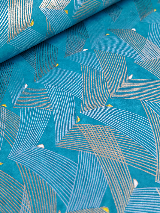 TEST Handprinted Japanese Chiyogami Paper - Light Blue Chiyogami Page and gold and silver geometric design
