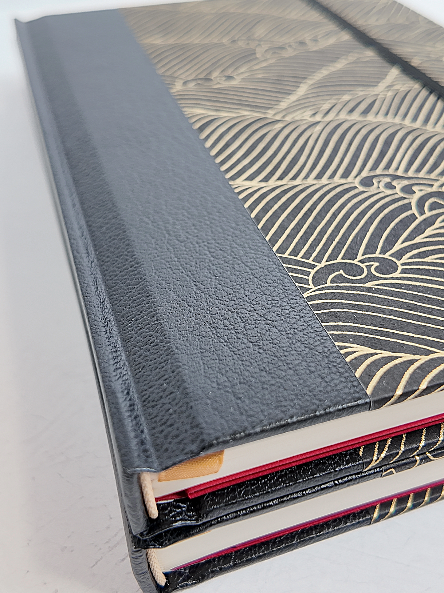 NEW B5 192-page Hardcover Journal finished in black faux leather with gold waves on black Chiyogami Paper