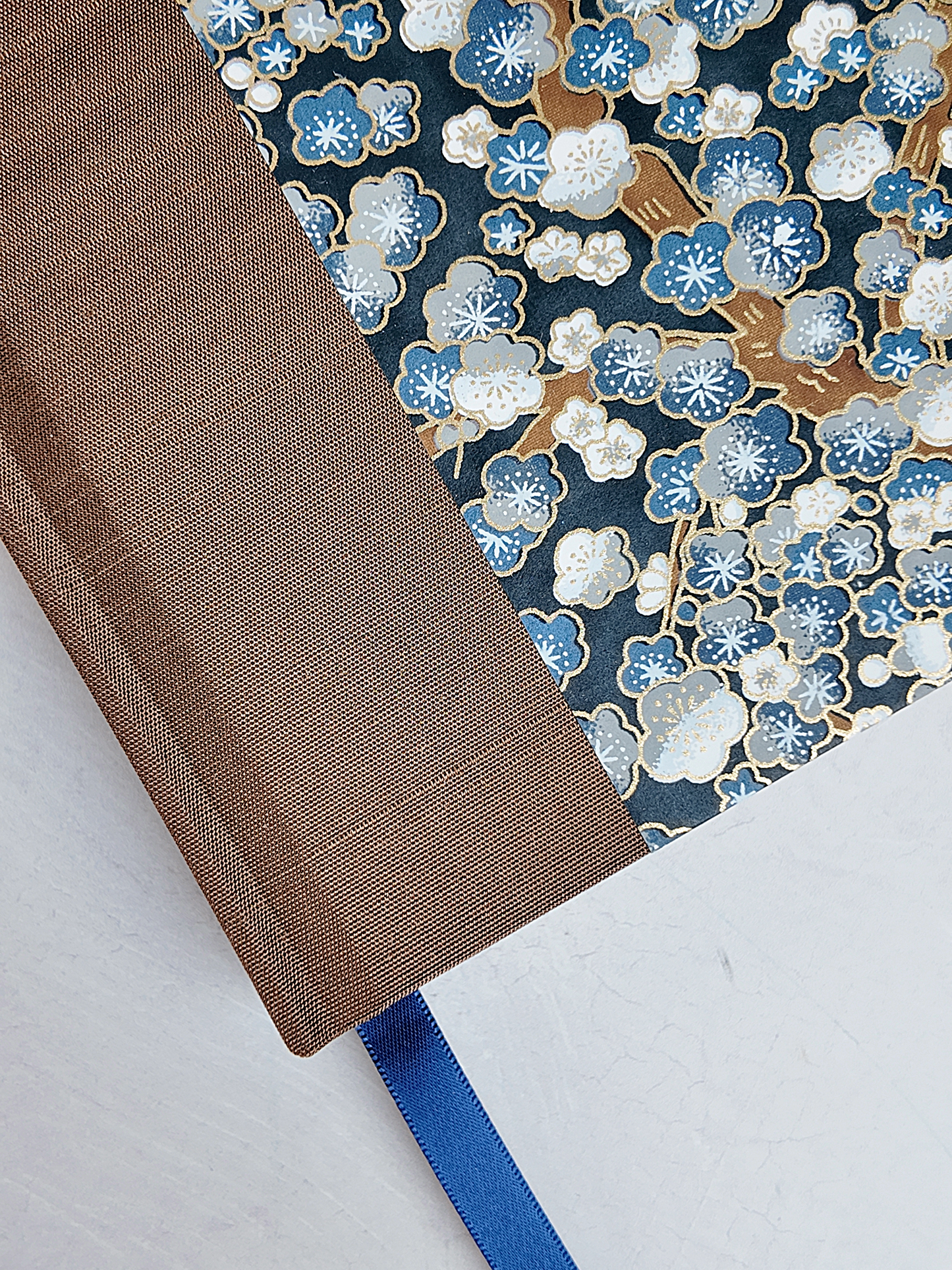 NEW A5 160-page Hardcover Journal finished in brown Japanese book cloth with indigo and gold Cherry Blossom Chiyogami paper