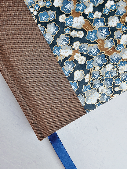 NEW A5 160-page Hardcover Journal finished in brown Japanese book cloth with indigo and gold Cherry Blossom Chiyogami paper