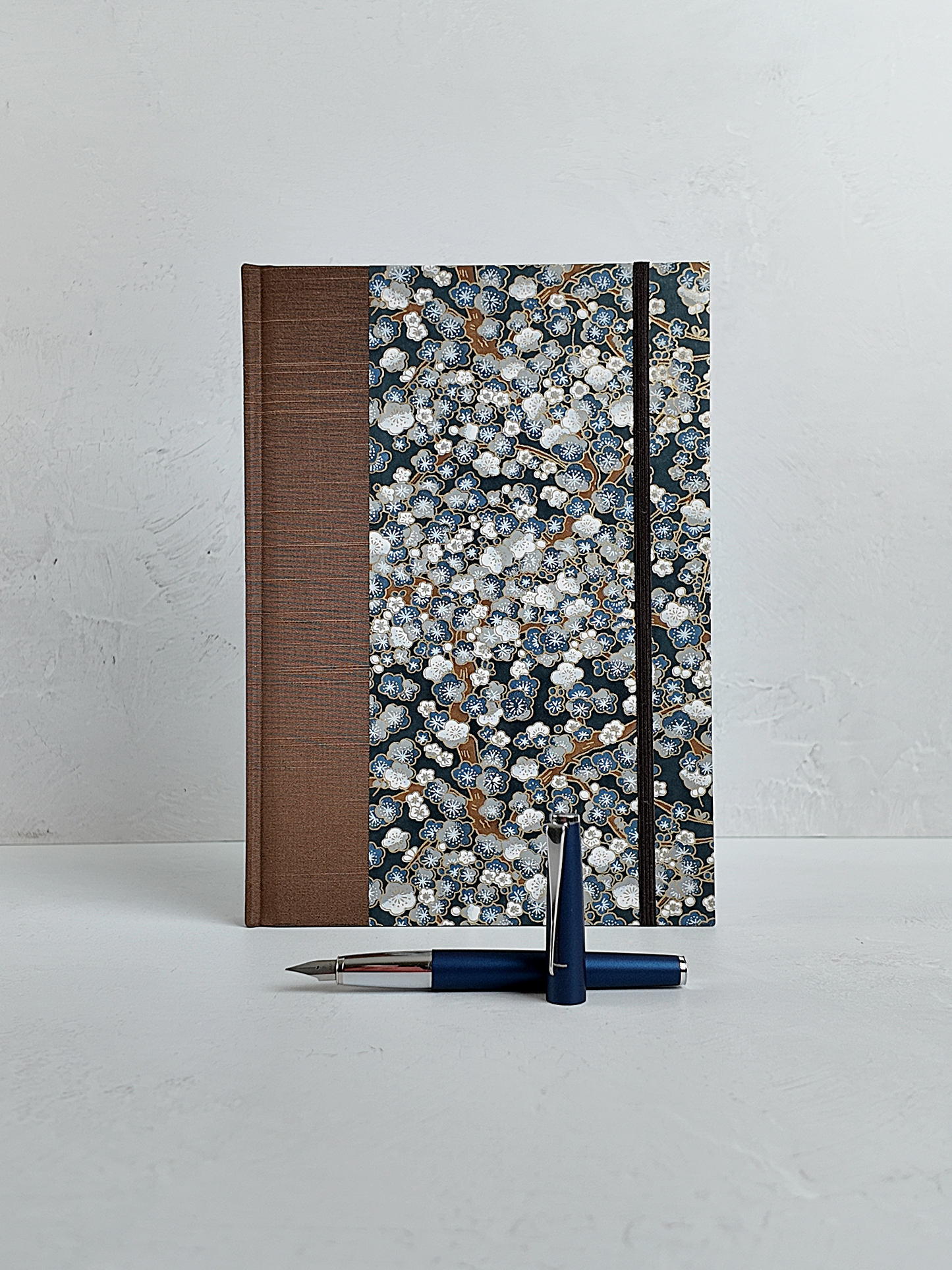 NEW B5 192-page Hardcover Journal finished in brown Japanese book cloth with indigo and gold Cherry Blossom Chiyogami paper