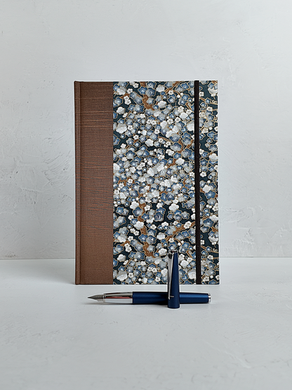 NEW B5 192-page Hardcover Journal finished in brown Japanese book cloth with indigo and gold Cherry Blossom Chiyogami paper