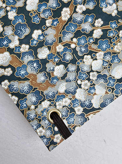 NEW B5 192-page Hardcover Journal finished in brown Japanese book cloth with indigo and gold Cherry Blossom Chiyogami paper