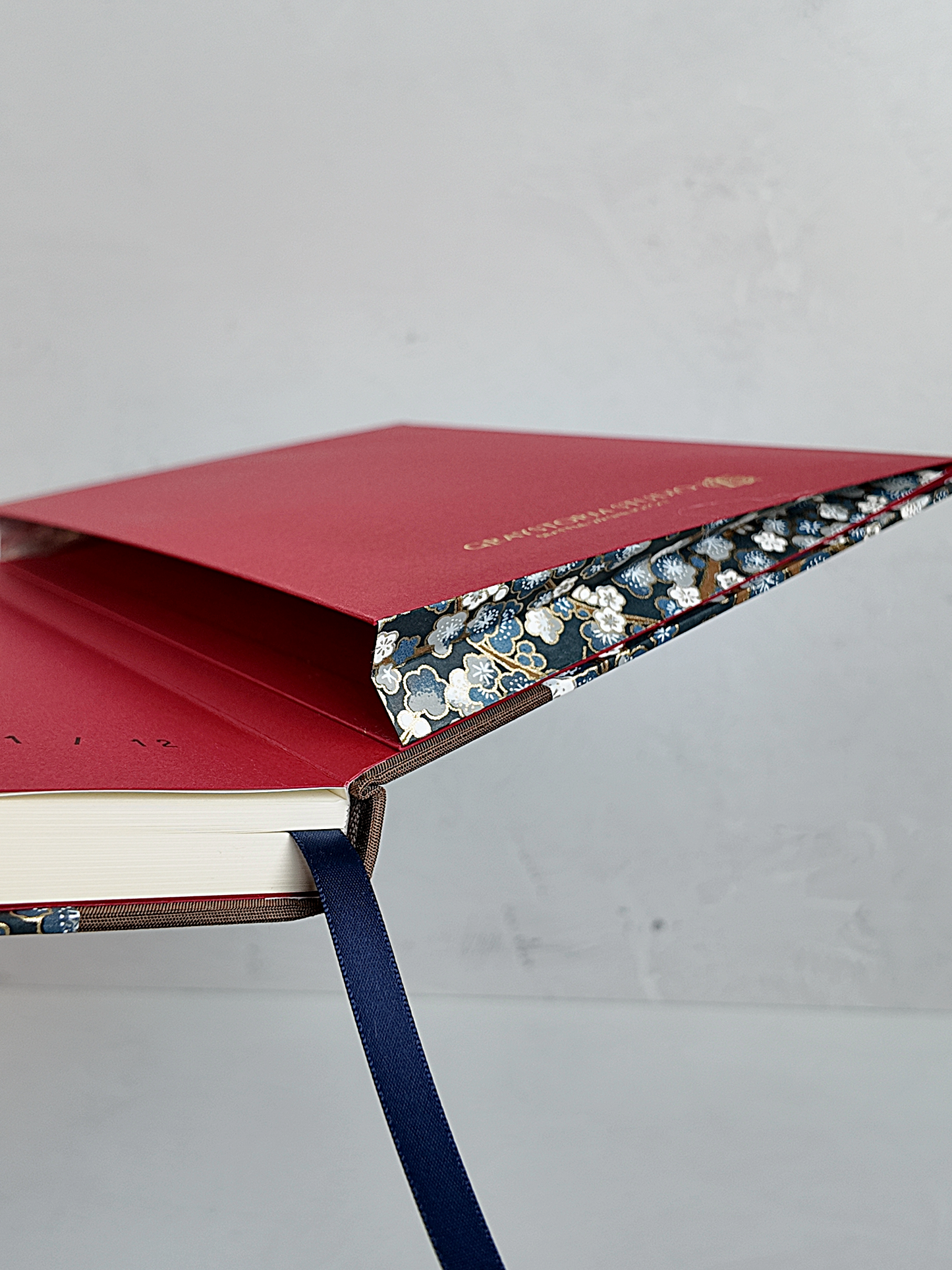 NEW A5 160-page Hardcover Journal finished in brown Japanese book cloth with indigo and gold Cherry Blossom Chiyogami paper