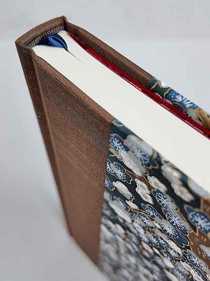 NEW A5 160-page Hardcover Journal finished in brown Japanese book cloth with indigo and gold Cherry Blossom Chiyogami paper
