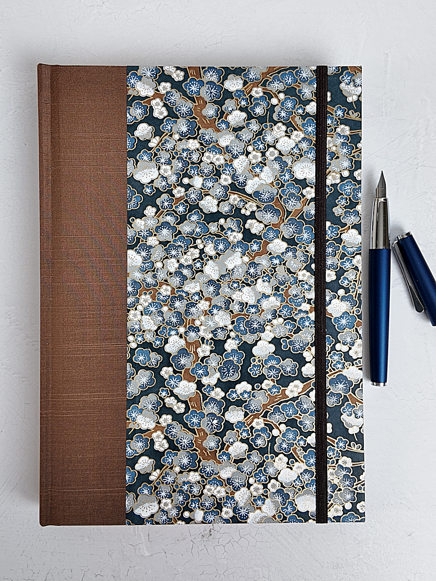 NEW A5 160-page Hardcover Journal finished in brown Japanese book cloth with indigo and gold Cherry Blossom Chiyogami paper