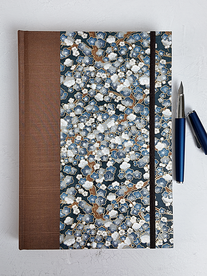 NEW A5 160-page Hardcover Journal finished in brown Japanese book cloth with indigo and gold Cherry Blossom Chiyogami paper