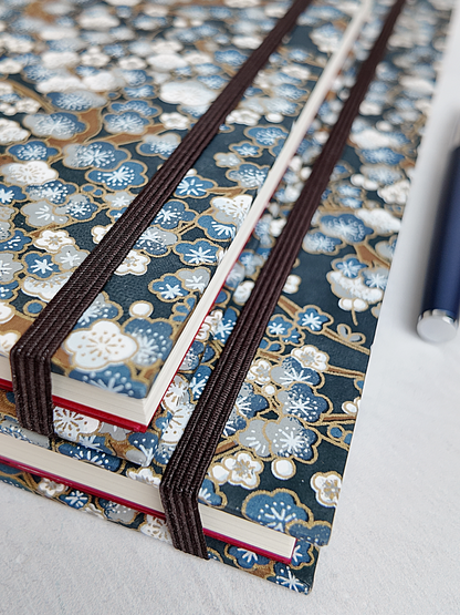 NEW A5 160-page Hardcover Journal finished in brown Japanese book cloth with indigo and gold Cherry Blossom Chiyogami paper