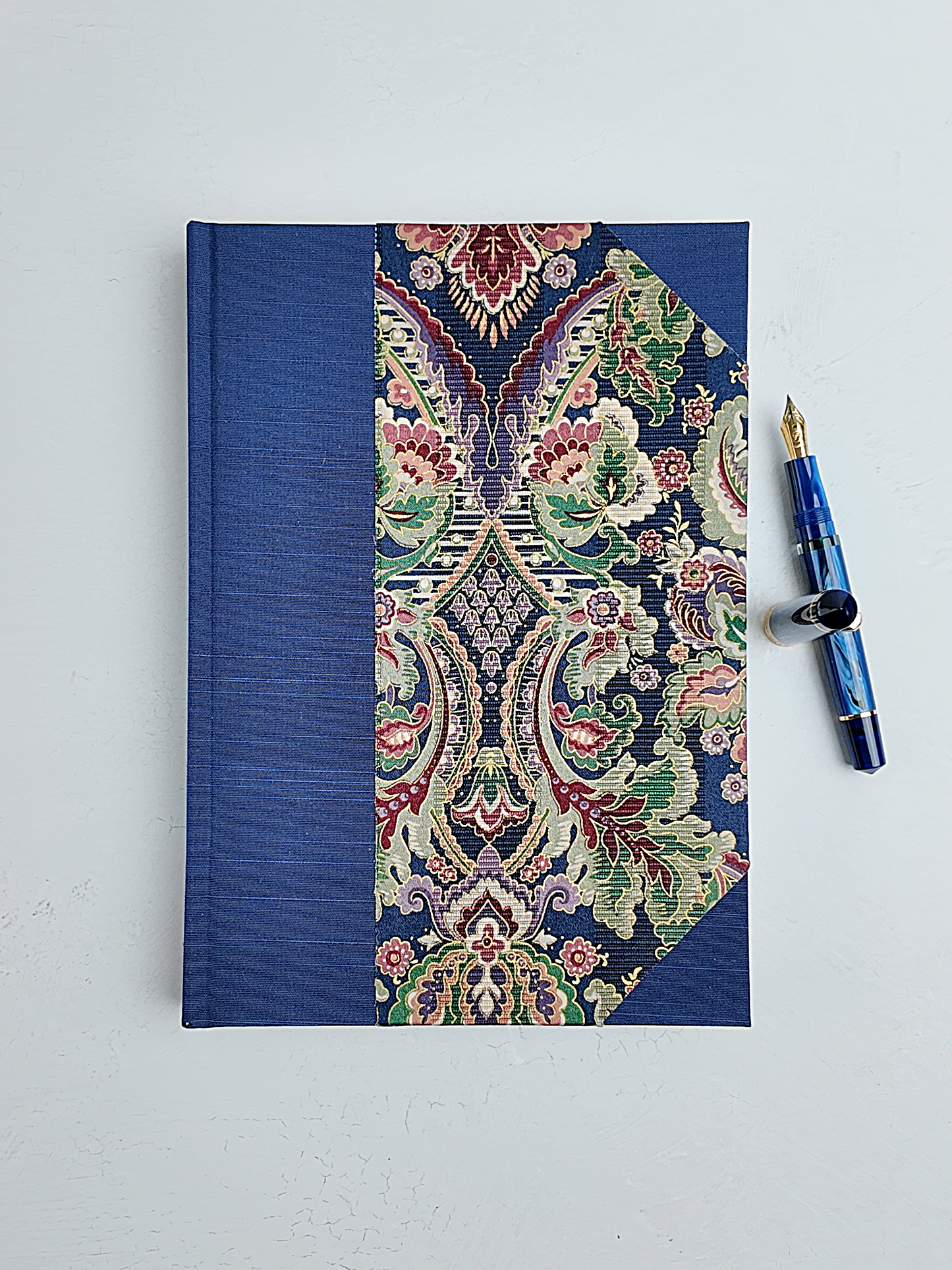 B5 192-page Hardcover Journal finished in Cadet Blue Japanese book cloth and floral fabric