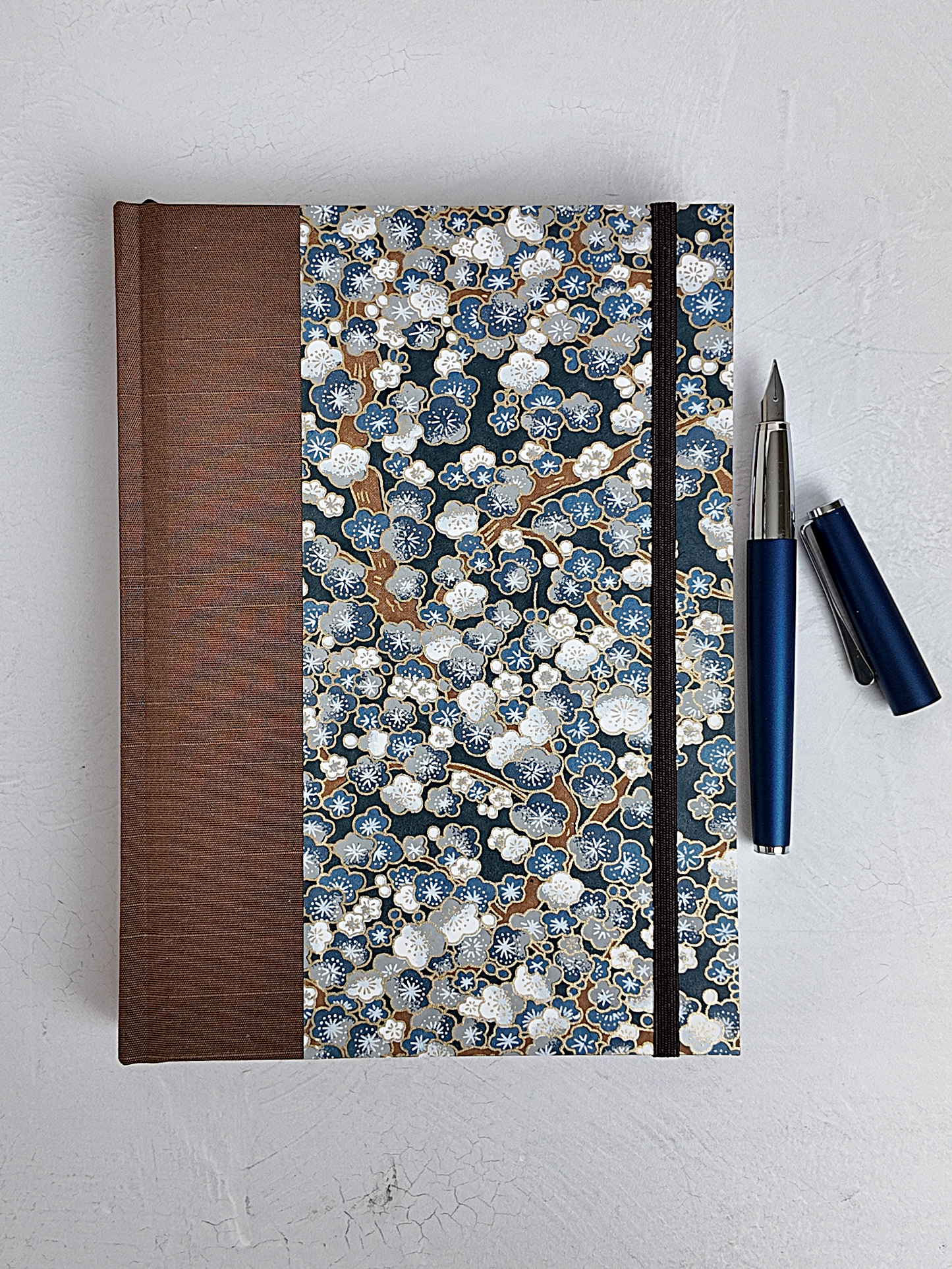 NEW A5 160-page Hardcover Journal finished in brown Japanese book cloth with indigo and gold Cherry Blossom Chiyogami paper
