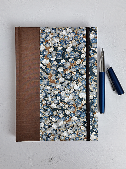 NEW A5 160-page Hardcover Journal finished in brown Japanese book cloth with indigo and gold Cherry Blossom Chiyogami paper