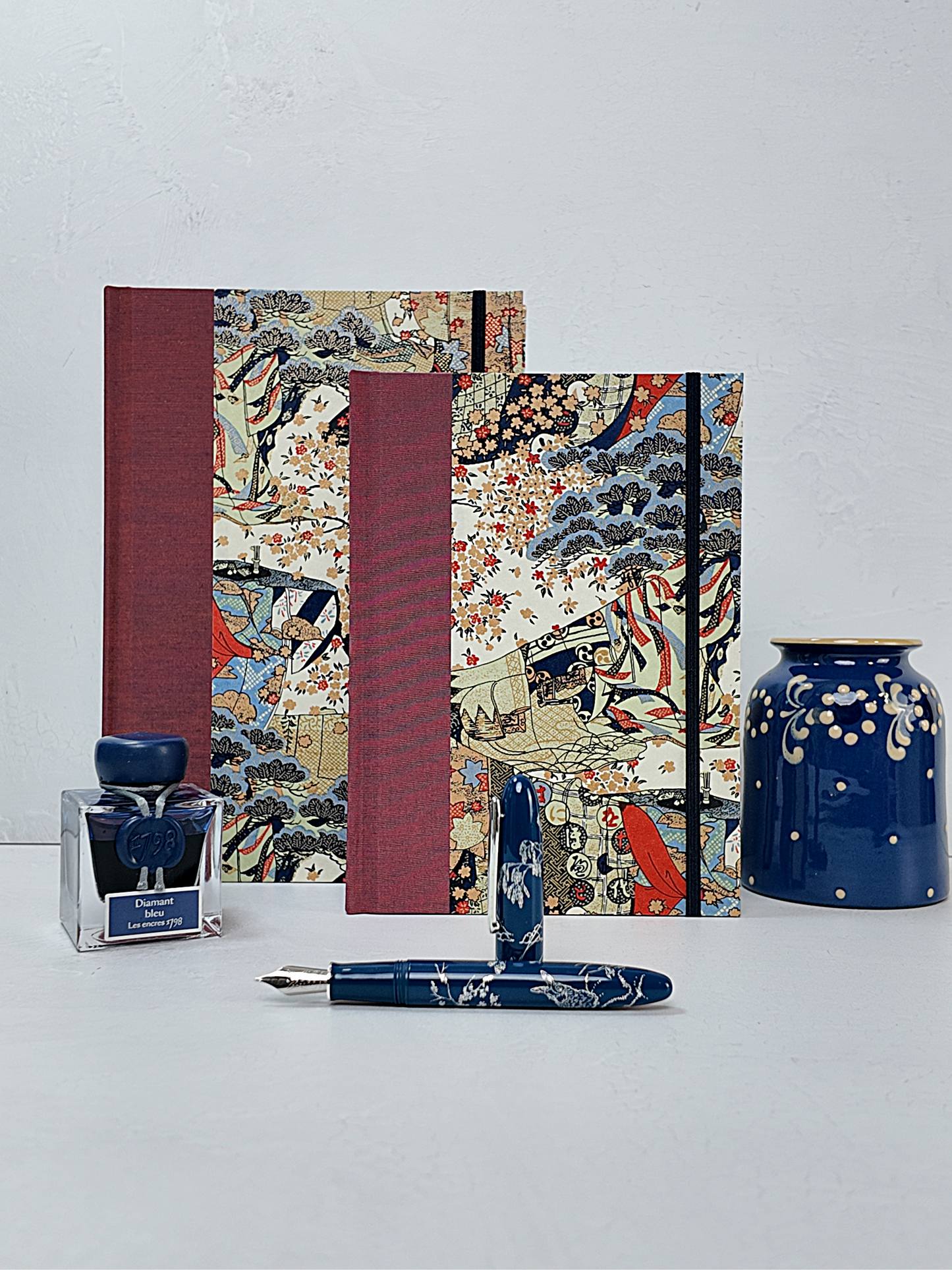 NEW A5 160-page Hardcover Journal finished in Rust Blue Japanese book cloth and botanical Chiyogami Paper
