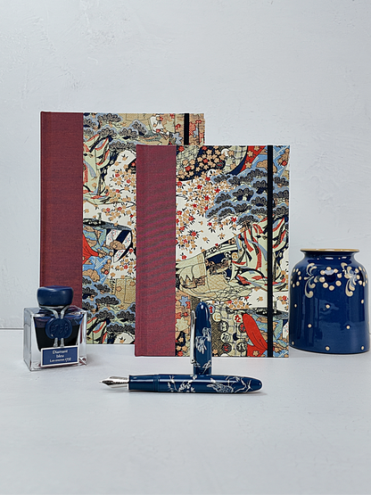 NEW A5 160-page Hardcover Journal finished in Rust Blue Japanese book cloth and botanical Chiyogami Paper