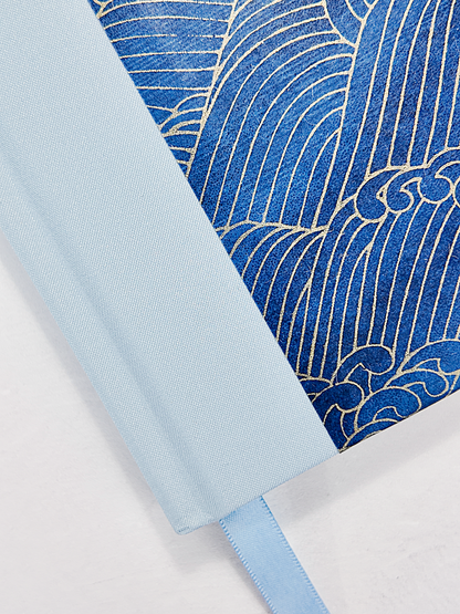 NEW A5 128-page Hardcover Notebook - Golden Waves on Blue Chiyogami Paper