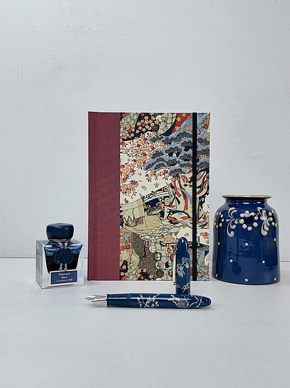 NEW A5 160-page Hardcover Journal finished in Rust Blue Japanese book cloth and botanical Chiyogami Paper