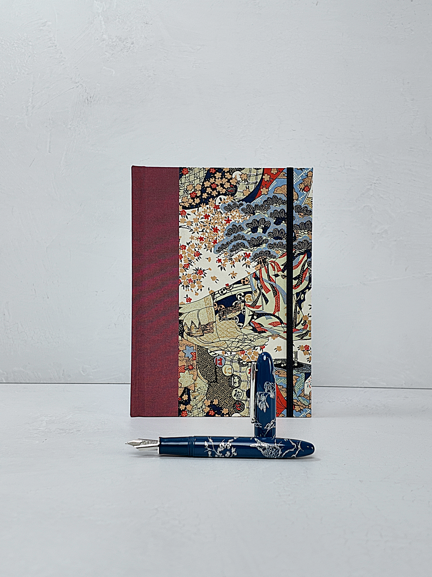 NEW A5 160-page Hardcover Journal finished in Rust Blue Japanese book cloth and botanical Chiyogami Paper