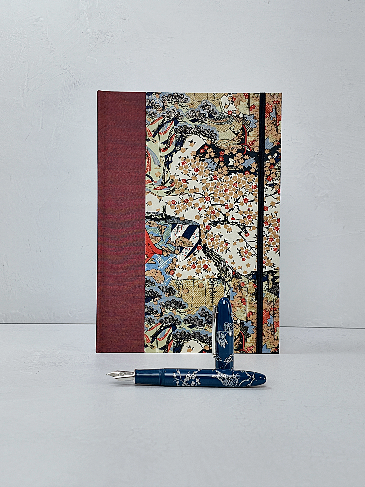 NEW B5 192-page Hardcover Journal finished in Rust Blue Japanese book cloth and botanical Chiyogami Paper