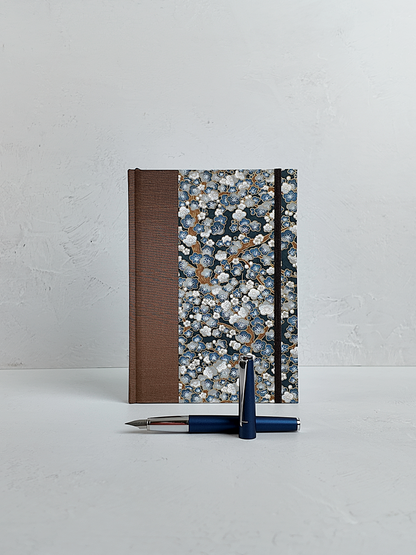 NEW A5 160-page Hardcover Journal finished in brown Japanese book cloth with indigo and gold Cherry Blossom Chiyogami paper