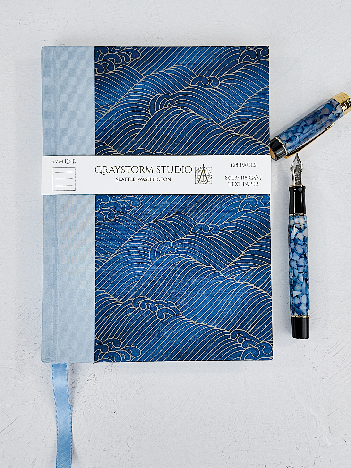 NEW A5 128-page Hardcover Notebook - Golden Waves on Blue Chiyogami Paper