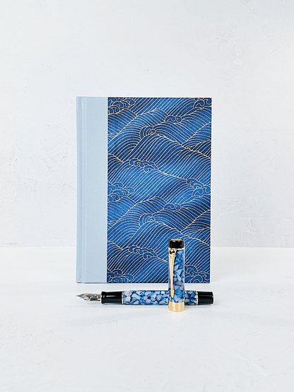 NEW A5 128-page Hardcover Notebook - Golden Waves on Blue Chiyogami Paper