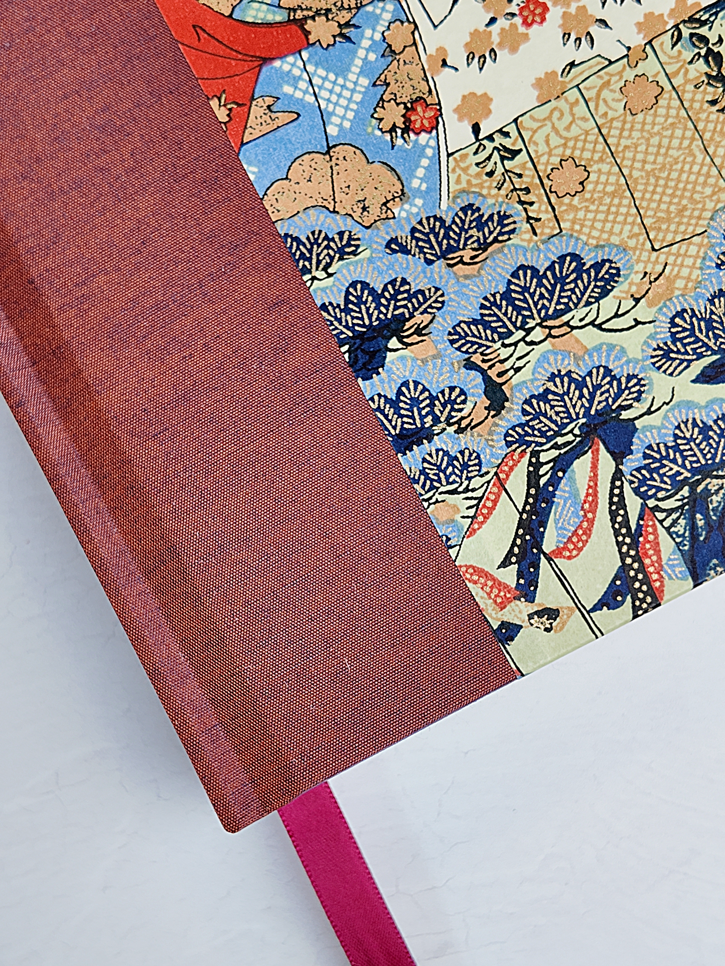 NEW A5 160-page Hardcover Journal finished in Rust Blue Japanese book cloth and botanical Chiyogami Paper
