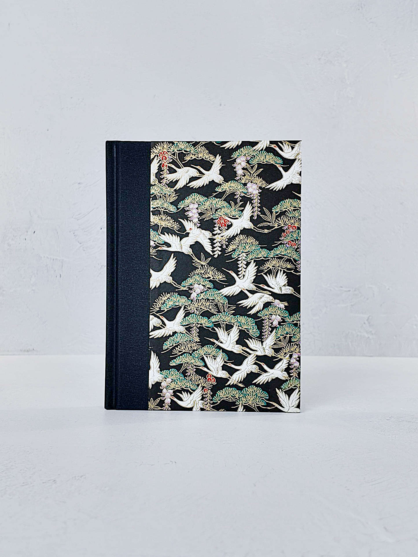 NEW A5 128-page Hardcover Notebook - White Cranes on Black Chiyogami Paper