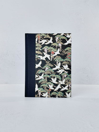NEW A5 128-page Hardcover Notebook - White Cranes on Black Chiyogami Paper