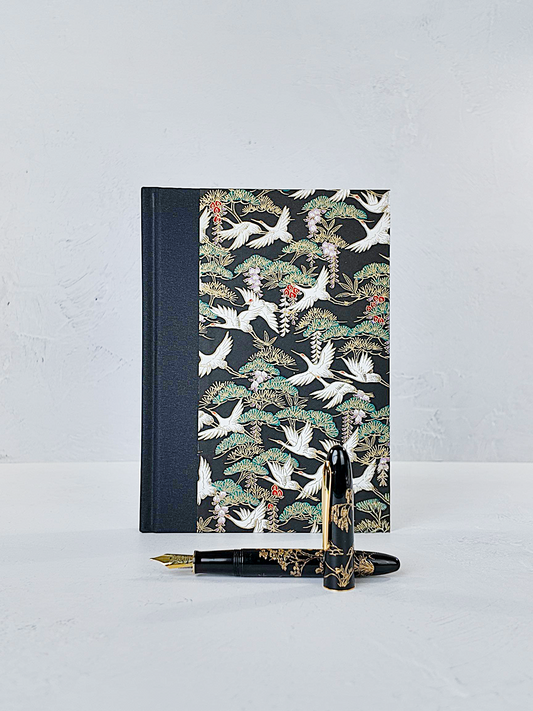 NEW A5 128-page Hardcover Notebook - White Cranes on Black Chiyogami Paper