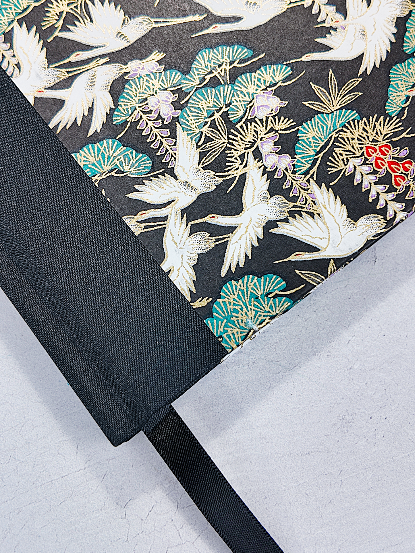 NEW A5 128-page Hardcover Notebook - White Cranes on Black Chiyogami Paper