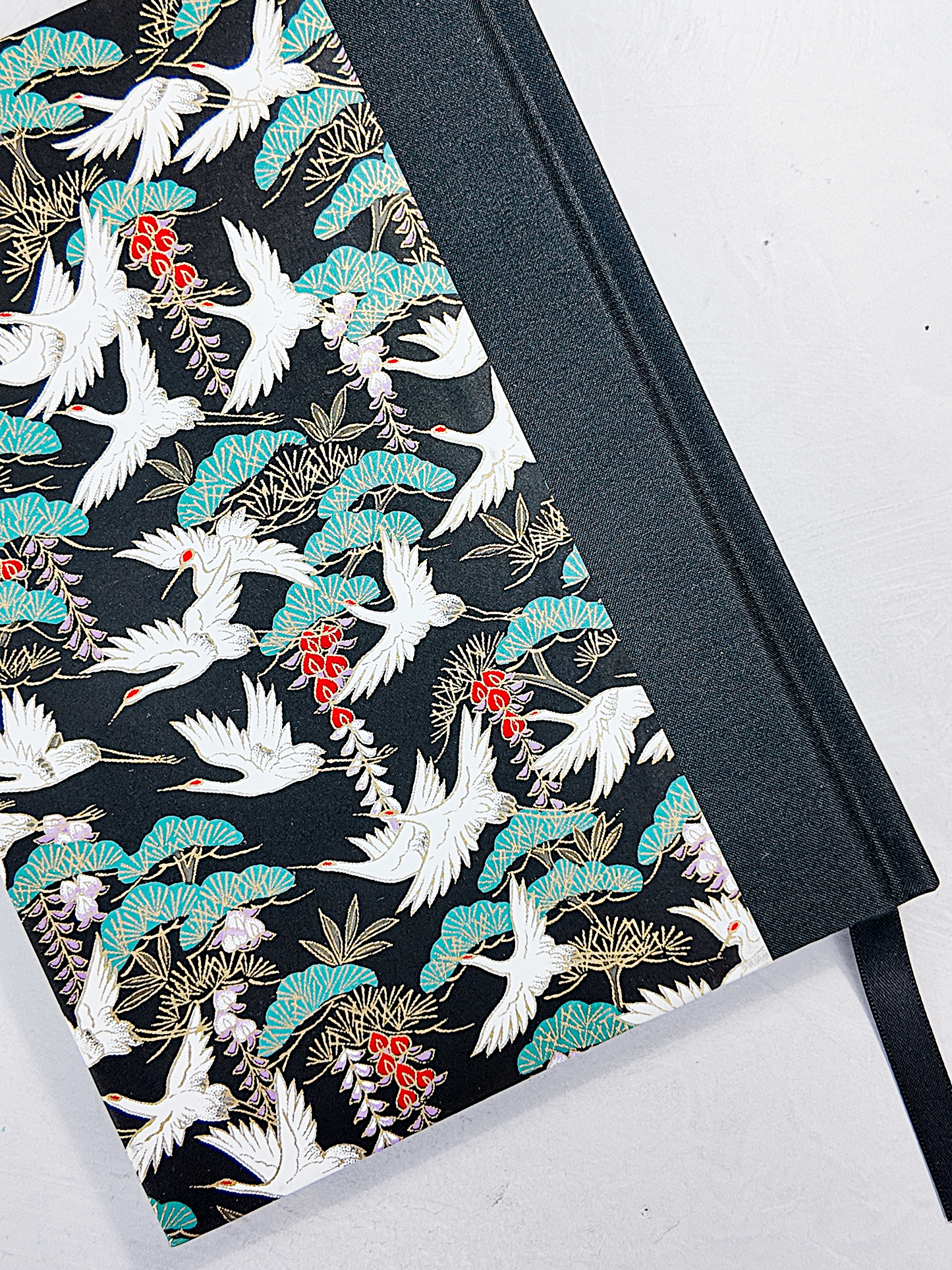 NEW A5 128-page Hardcover Notebook - White Cranes on Black Chiyogami Paper
