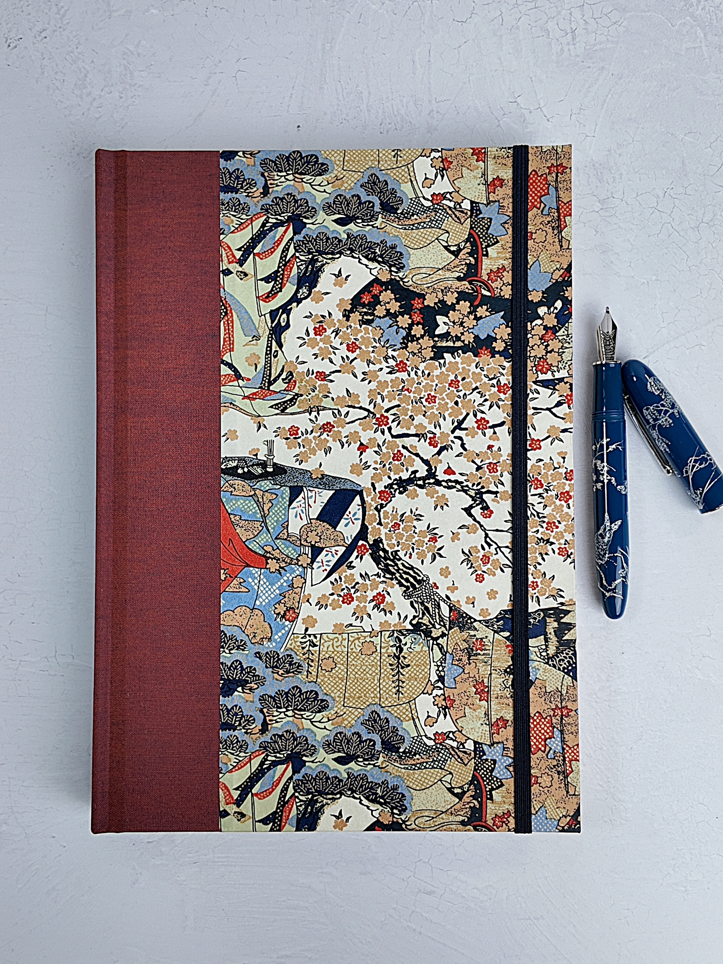 NEW B5 192-page Hardcover Journal finished in Rust Blue Japanese book cloth and botanical Chiyogami Paper