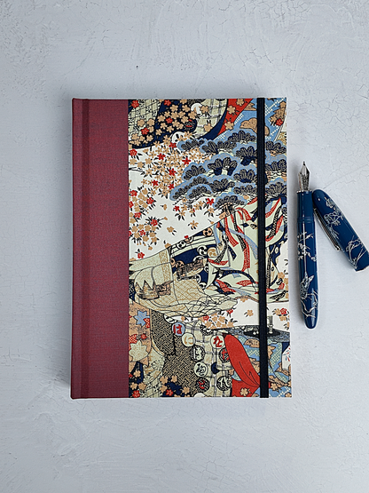 NEW A5 160-page Hardcover Journal finished in Rust Blue Japanese book cloth and botanical Chiyogami Paper