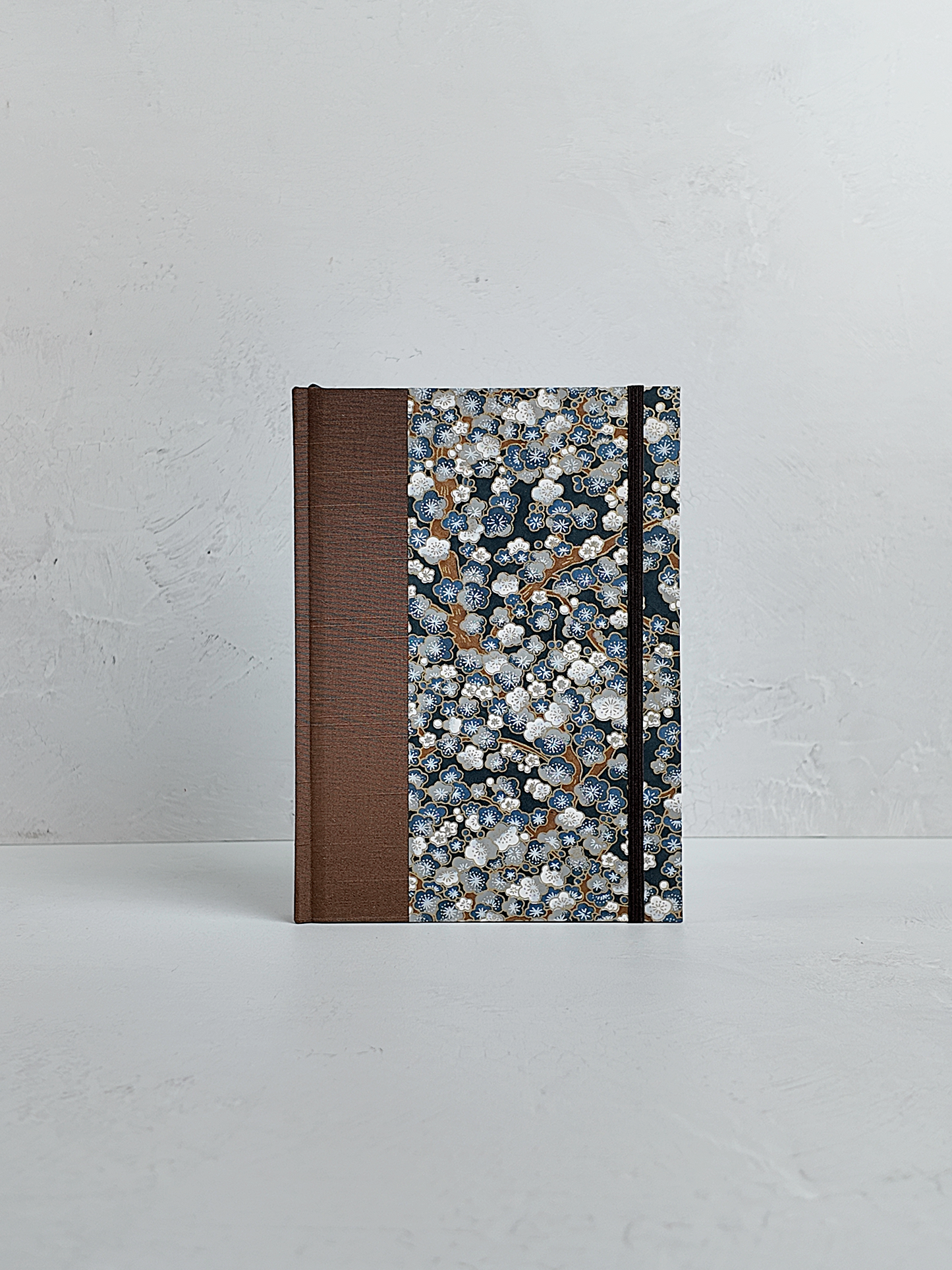 NEW A5 160-page Hardcover Journal finished in brown Japanese book cloth with indigo and gold Cherry Blossom Chiyogami paper
