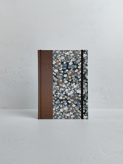 NEW A5 160-page Hardcover Journal finished in brown Japanese book cloth with indigo and gold Cherry Blossom Chiyogami paper