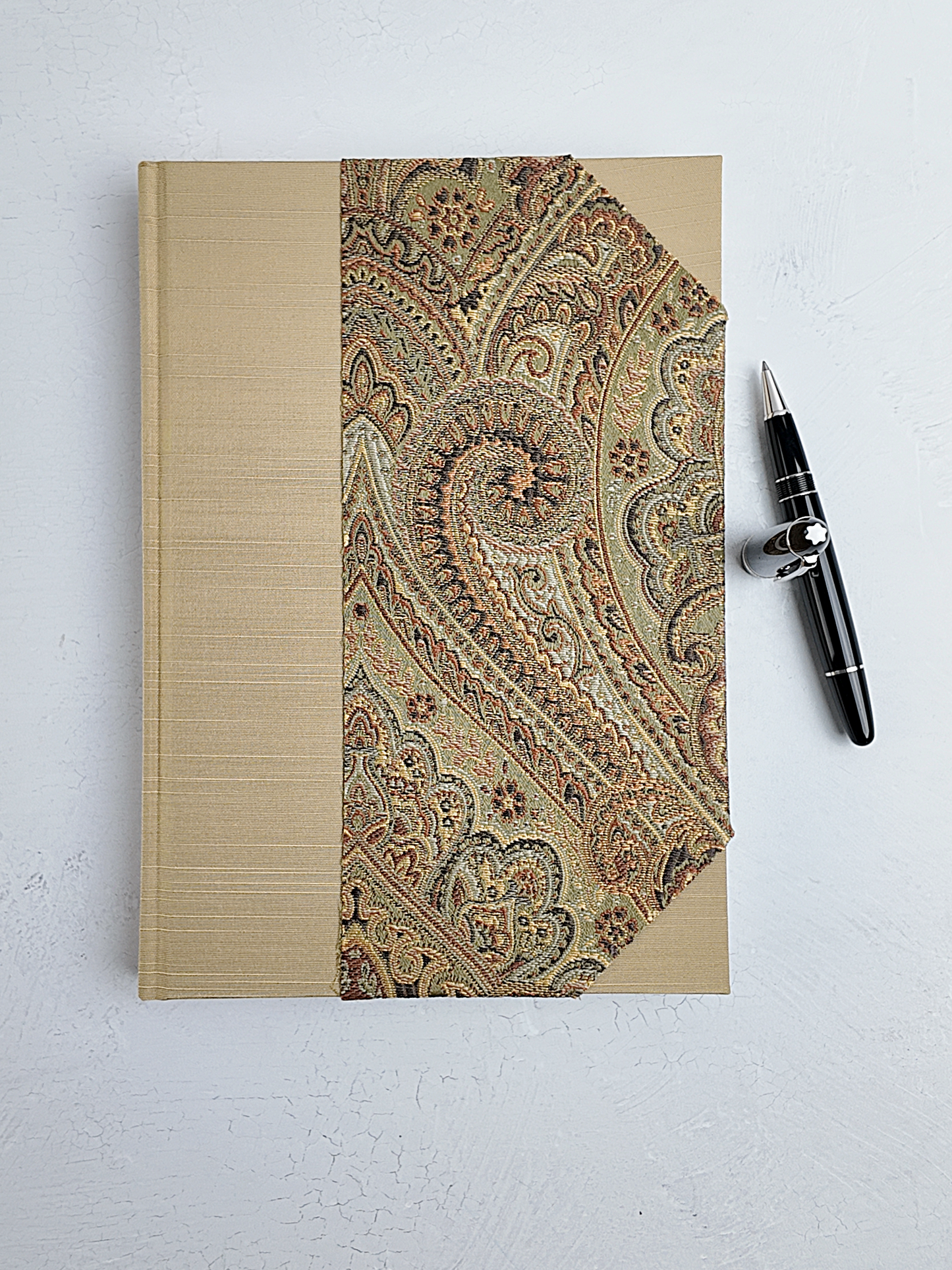 B5 192-page Hardcover Journal finished in Soft Gold Japanese book cloth and Gold and Green fabric