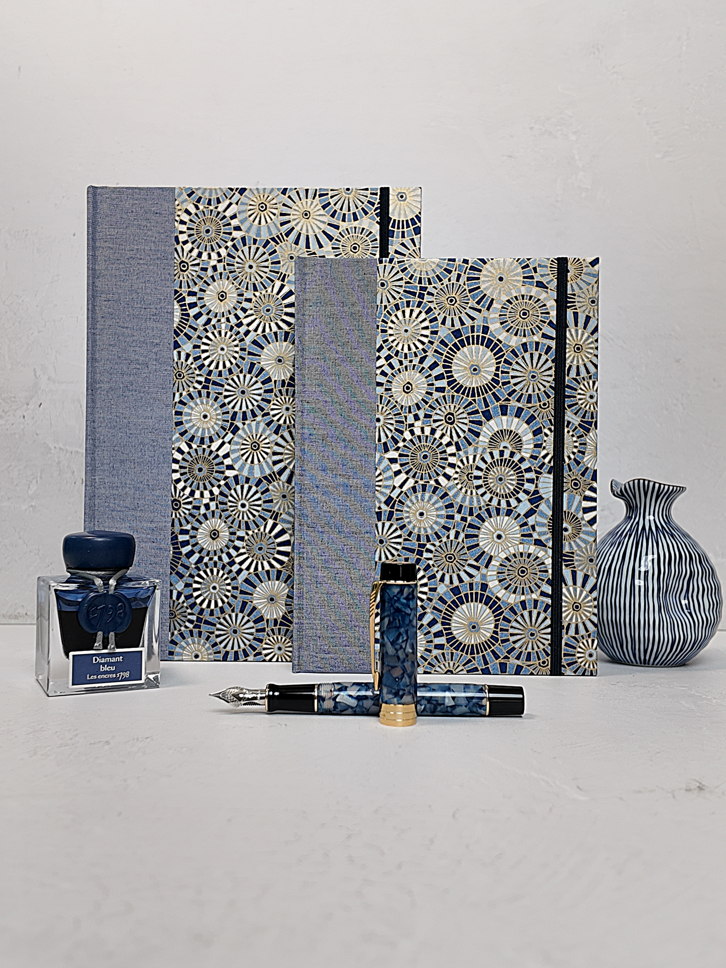 NEW B5 192-page Hardcover Journal finished in Steel-Blue and Blue Gold Geometric Chiyogami Paper