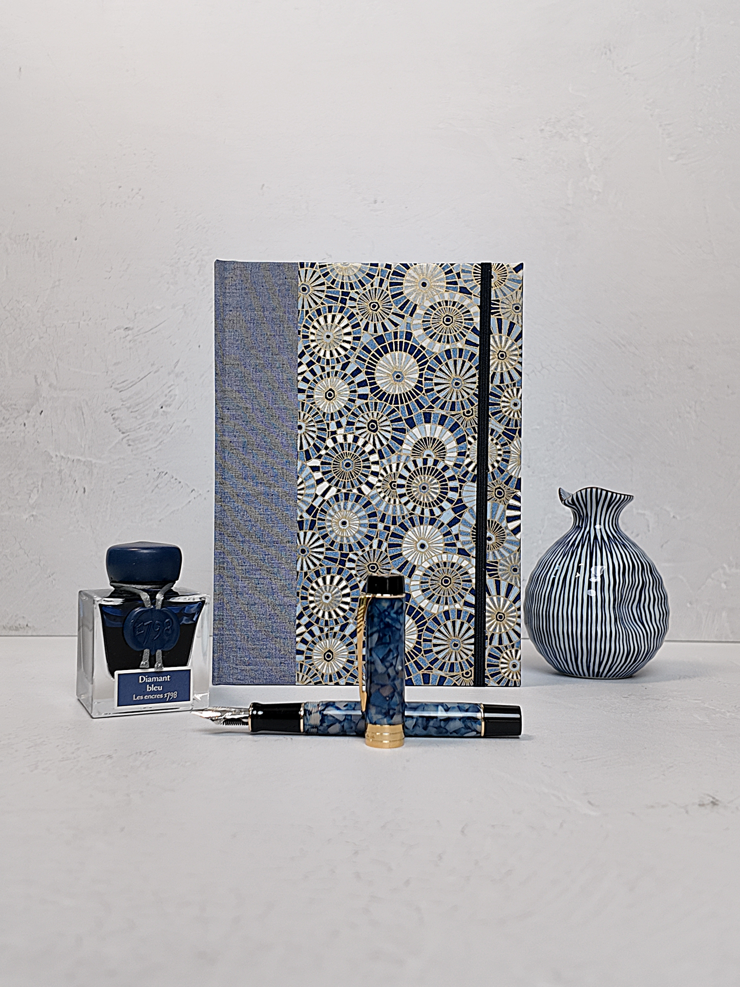 NEW A5 160-page Hardcover Journal finished in Steel-Blue and Blue Gold Geometric Chiyogami Paper