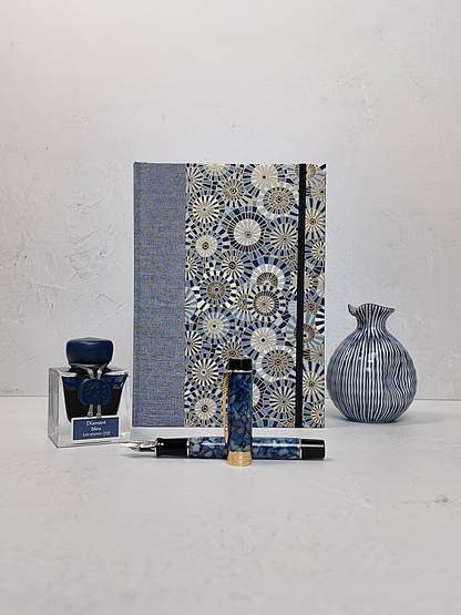 NEW A5 160-page Hardcover Journal finished in Steel-Blue and Blue Gold Geometric Chiyogami Paper