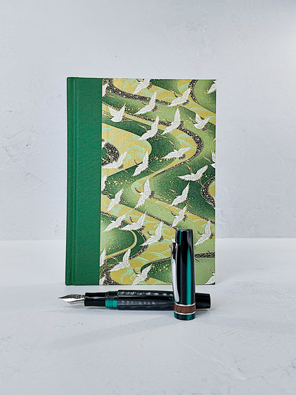 NEW A5 128-page Hardcover Notebook - White Cranes on Green Chiyogami Paper