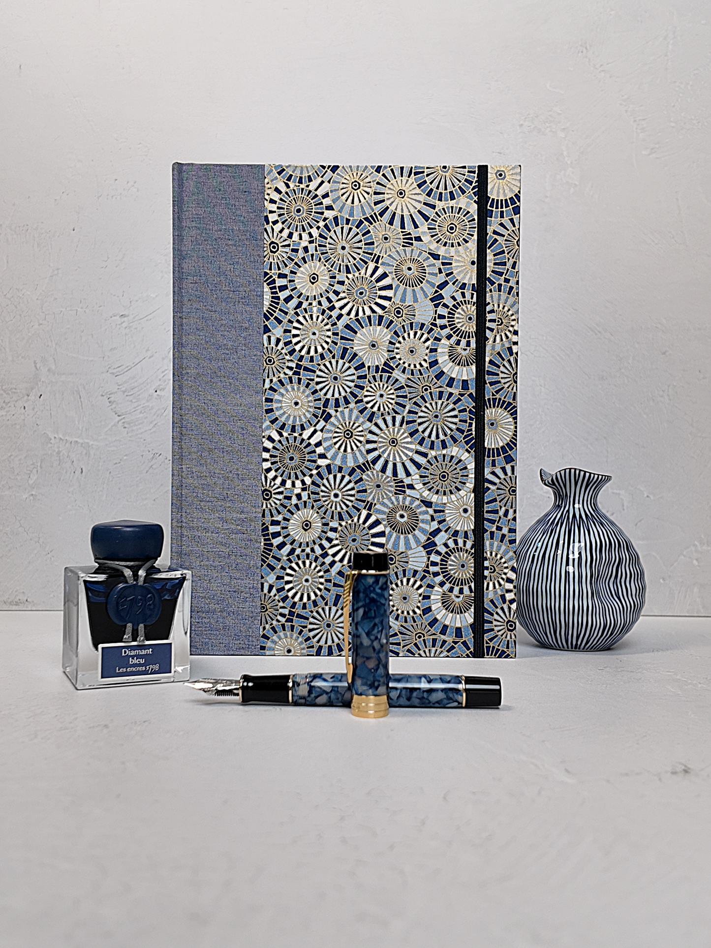 NEW B5 192-page Hardcover Journal finished in Steel-Blue and Blue Gold Geometric Chiyogami Paper