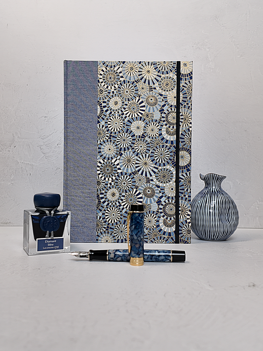 B5 192-page Hardcover Journal finished in Steel-Blue and Blue Gold Geometric Chiyogami Paper