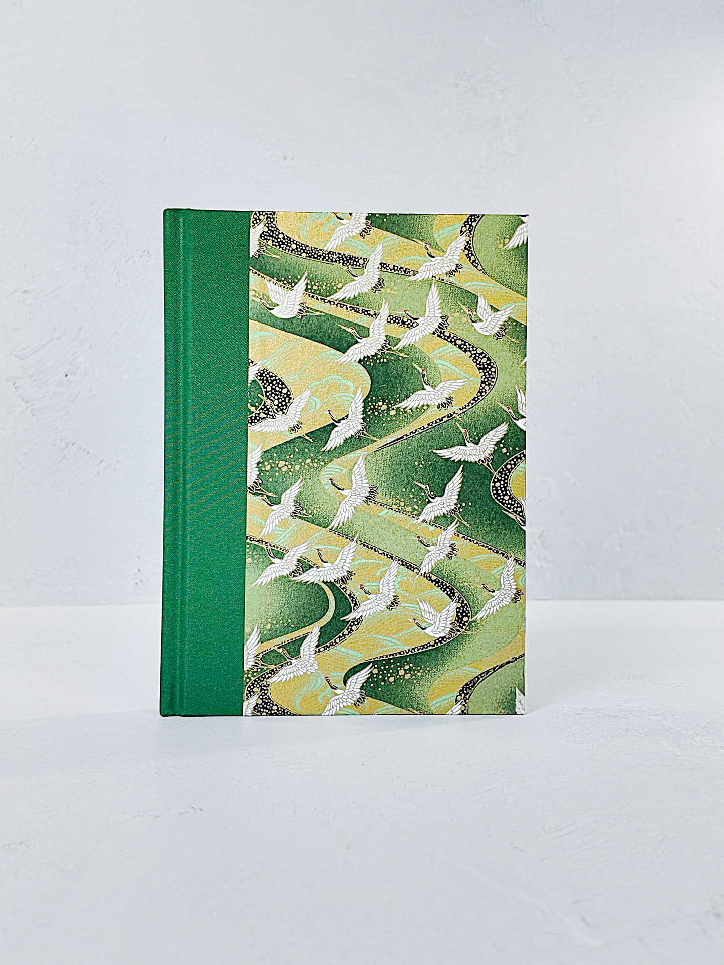 NEW A5 128-page Hardcover Notebook - White Cranes on Green Chiyogami Paper