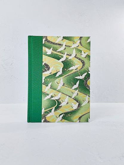 NEW A5 128-page Hardcover Notebook - White Cranes on Green Chiyogami Paper