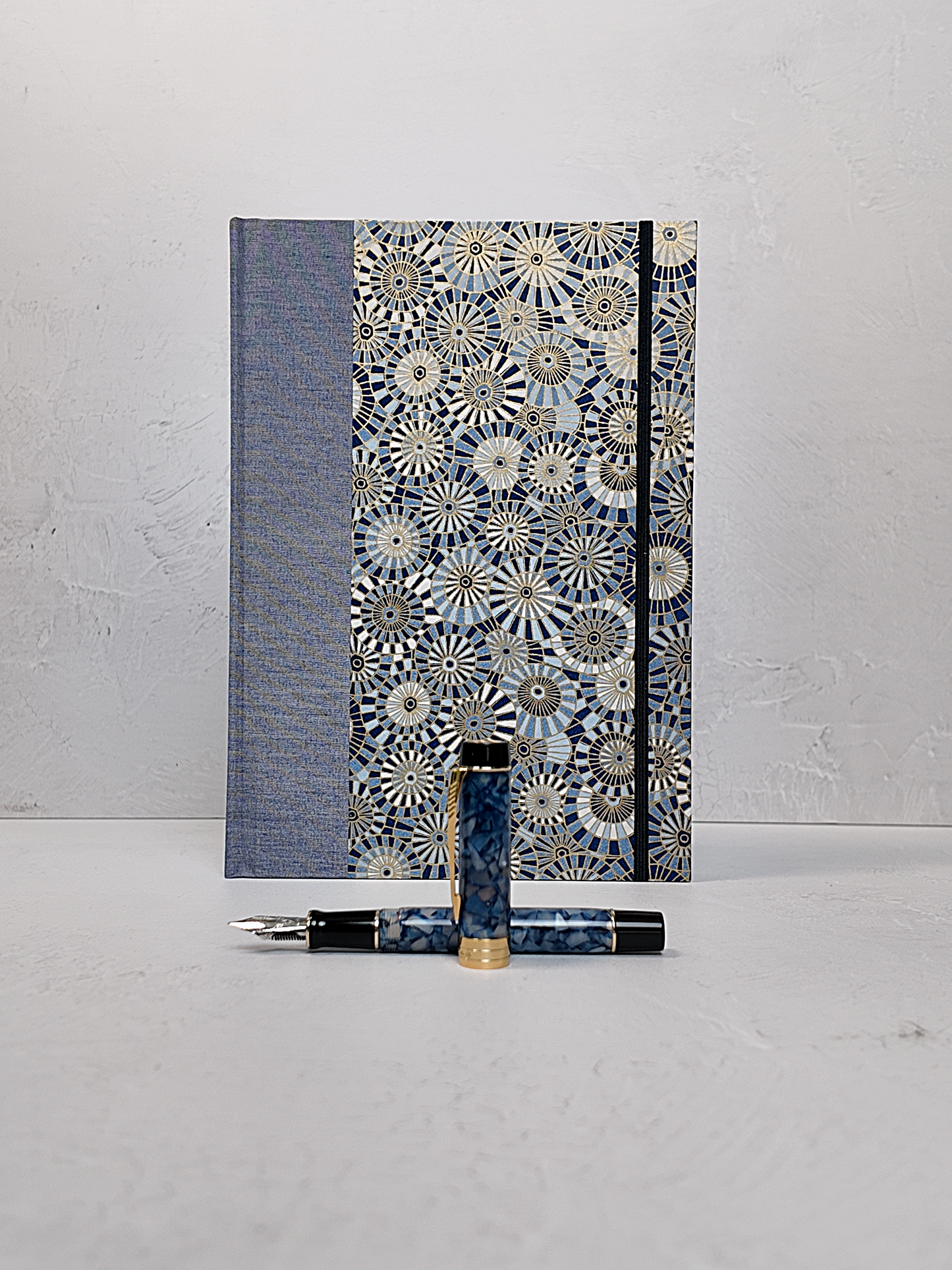 NEW B5 192-page Hardcover Journal finished in Steel-Blue and Blue Gold Geometric Chiyogami Paper