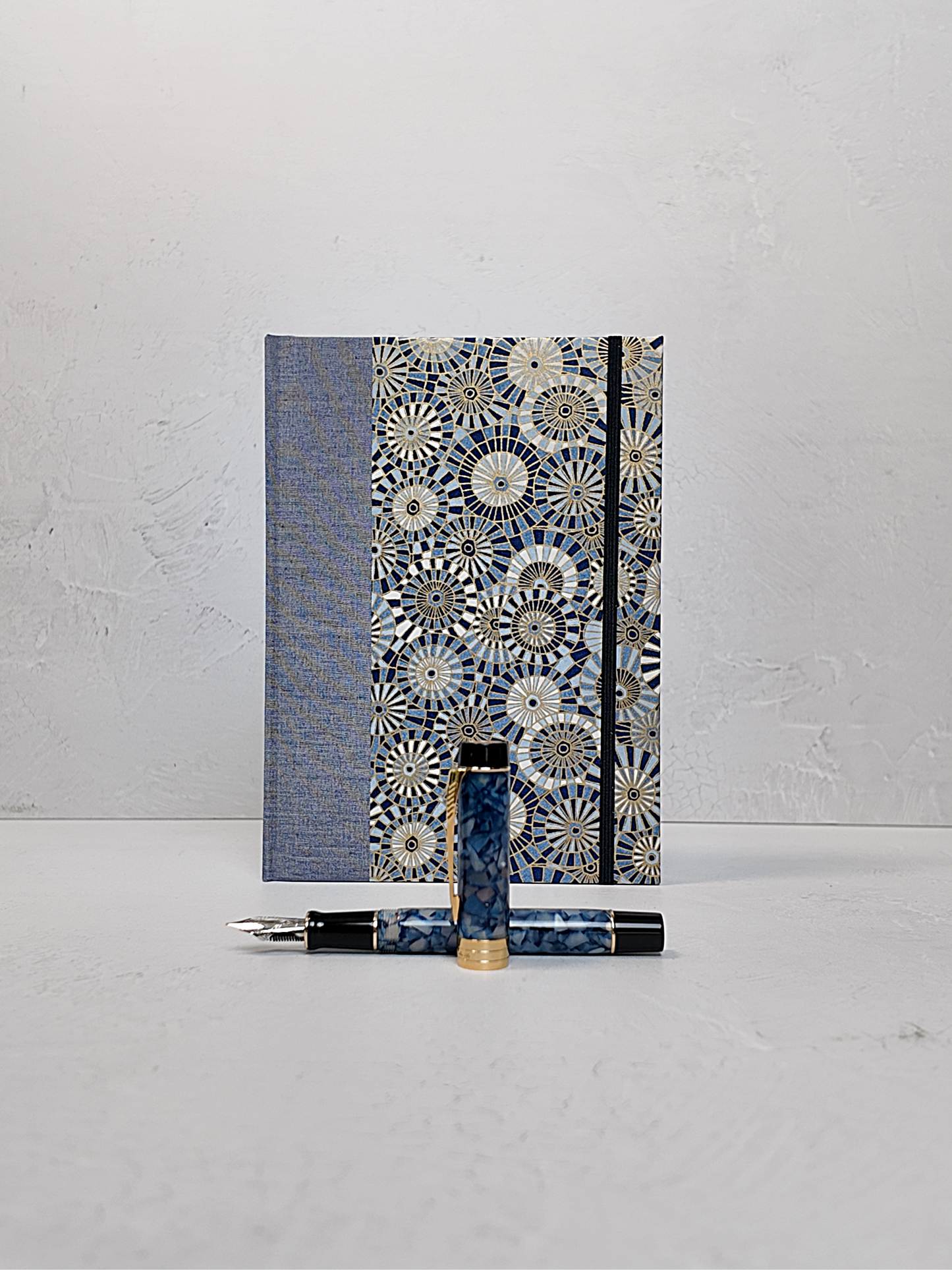 NEW A5 160-page Hardcover Journal finished in Steel-Blue and Blue Gold Geometric Chiyogami Paper