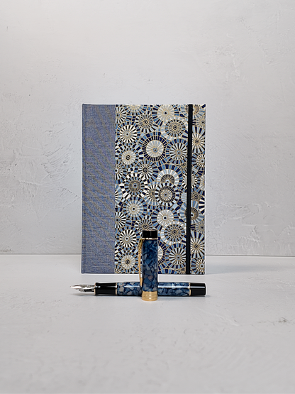NEW A5 160-page Hardcover Journal finished in Steel-Blue and Blue Gold Geometric Chiyogami Paper