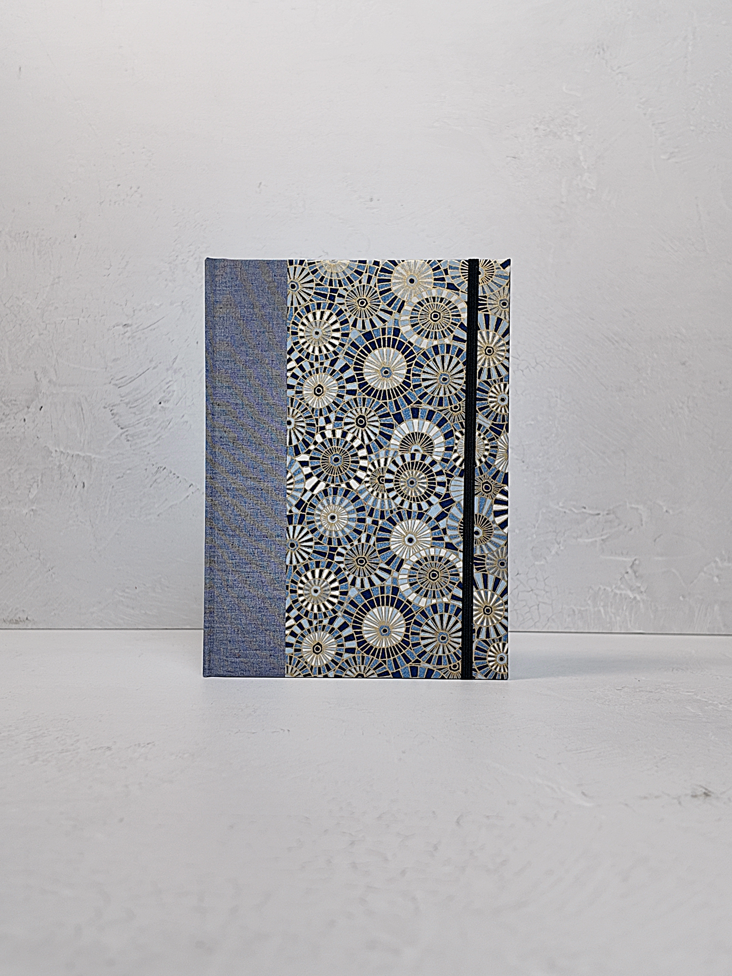 NEW A5 160-page Hardcover Journal finished in Steel-Blue and Blue Gold Geometric Chiyogami Paper