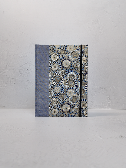 NEW A5 160-page Hardcover Journal finished in Steel-Blue and Blue Gold Geometric Chiyogami Paper